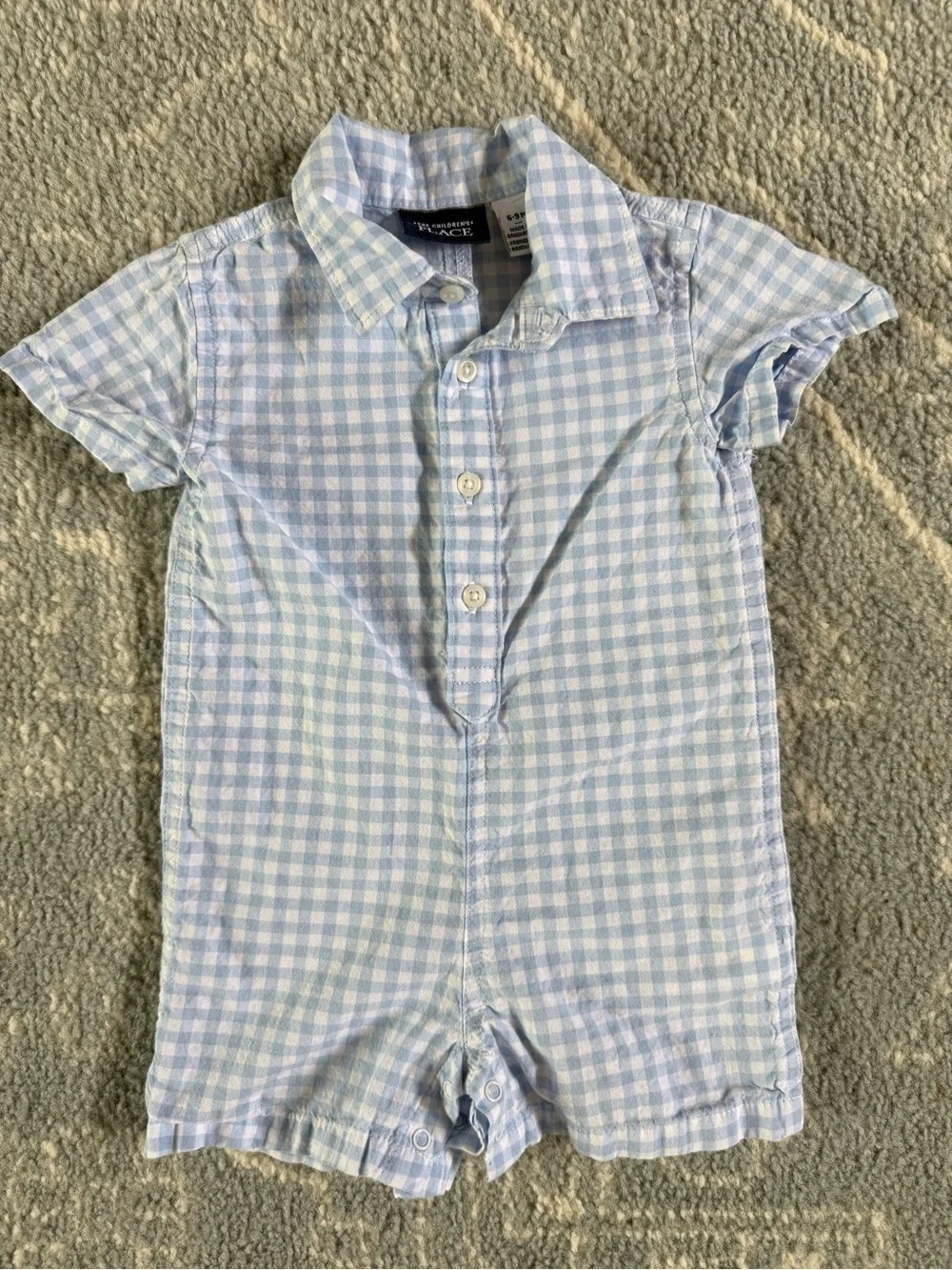 The Children's Place Light Blue Gingham Romper with Matching Hat